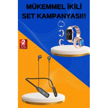 VipMarketim Kablolu Bluetooth Kulaklık ve Kadınlara Özel Bileklik Hediyeli Yeni Nesil Akıllı Saat 3 Kordonlu