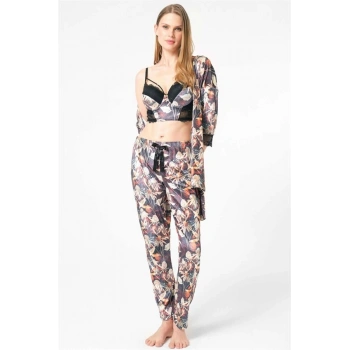 VipMarketim  Kadife Çiçek Desenli Sabahlık Balenli Destekli Dolgulu Yaka Detaylı Dantelli Büstiyer Sütyen Ve Pantolon Pijama 3lü Takım
