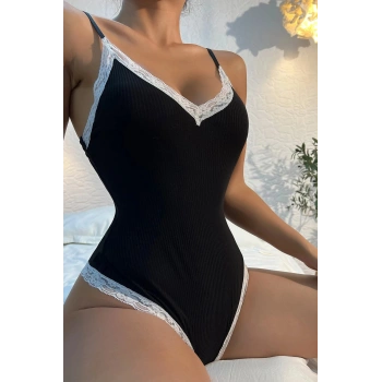 VipMarketim Kadın Beyaz Dantel Işlemeli Siyah Tulum Gecelik