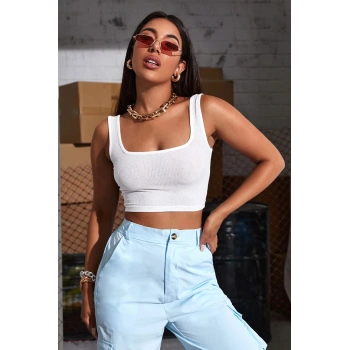 VipMarketim Kadın Beyaz Kalın Askılı Crop Top Büstiyer