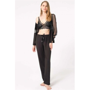 Vipmarketim Kadın Dantelli Gömlek Balensiz Desteksiz Dolgusuz Bralet Sütyen Ve Pantolon Pijama 3lü Takım ( ) (kod:4798)