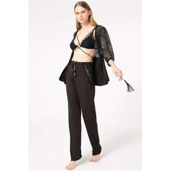 Vipmarketim Kadın Dantelli Sabahlık Balensiz Desteksiz Dolgusuz Yaka Detaylı Sütyen Ve Pantolon Pijama 3lü Takım ( ) (kod:5698)