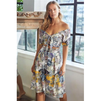 VipMarketim Kadın Dokuma Önden Bağlamalı Çiçek Baskılı Omuzu Düşük Büstiyer Ve Önden Düğmeli Etek Takım ( ) (Kod:9658)