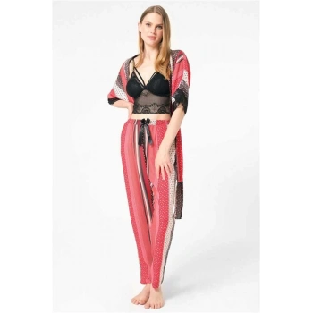 Vipmarketim Kadın Dokuma Viskon Çizgili Dantelli Sabahlık Balensiz Desteksiz Dolgusuz Zincir Askılı Yaka Detaylı Bralet Sütyen Ve Pantolon Pijama 3lü Takım ( ) (kod:5665)