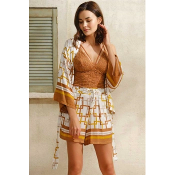 VipMarketim Kadın Dokuma Viskon Geometrik Baskılı Sabahlık Balensiz Desteksiz Dolgusuz Yaka Detaylı Dantelli Bralet Sütyen Ve Yandan Cepli Şort Pijama 3Lü Takım ( ) (Kod:5750)