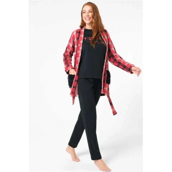 VipMarketim Kadın Ekose Yandan Cepli Sabahlık Göğüs Baskılı Uzun Kollu Sweatshirt Ve Pantolon 3Lü Takım ( ) (Kod:5633)