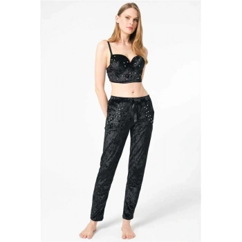 Vipmarketim Kadın Kadife Balenli Destekli Dolgulu İnci Taşlı Büstiyer Ve Pantolon Pijama Takım ( ) (kod:4154)