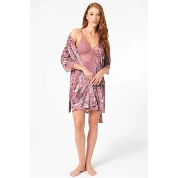 Vipmarketim Kadın Kadife Çiçek Baskılı Sabahlık Ve Dantelli Kısa Gecelik Takım ( ) (kod:5679)