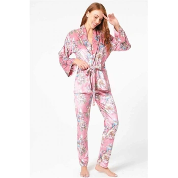 VipMarketim Kadın Kadife Çiçek Baskılı Uzun Kol Sabahlık Ve Pantolon Pijama Takım ( ) (Kod:9732)