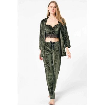 VipMarketim Kadın Kadife Çiçek Desenli Sabahlık Balenli Destekli Dolgulu Dantelli Büstiyer Sütyen Ve Pantolon Pijama 3Lü Takım ( ) (Kod:5632)