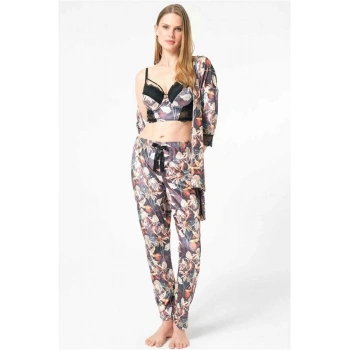 VipMarketim Kadın Kadife Çiçek Desenli Sabahlık Balenli Destekli Dolgulu Yaka Detaylı Dantelli Büstiyer Sütyen Ve Pantolon Pijama 3Lü Takım ( ) (Kod:5684)