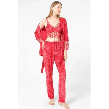 VipMarketim Kadın Kadife Dantelli Sabahlık Balensiz Desteksiz Dolgusuz Yaka Detaylı Bralet Sütyen Ve Pantolon Pijama 3Lü Takım ( ) (Kod:5634)
