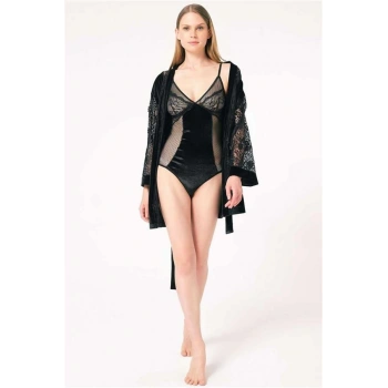 VipMarketim Kadın Kadife Dantelli Sabahlık Ve Badi Takım ( ) (Kod:5689)