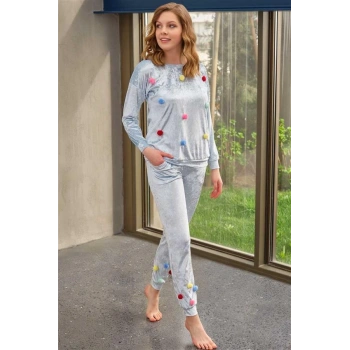 VipMarketim Kadın Kadife Göğüs Detaylı Uzun Kol Sweatshirt Ve Paça Detaylı Yandan Cepli Pantolon Pijama Takım ( ) (Kod:9663)