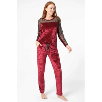 Vipmarketim Kadın Kadife Puantiyeli Tüllü Sırt Detaylı Uzun Kollu Sweatshirt Ve Yandan Cepli Pantolon Pijama Takım ( ) (kod:9798)