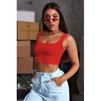 VipMarketim Kadın Kırmızı Kalın Askılı Crop Top Büstiyer