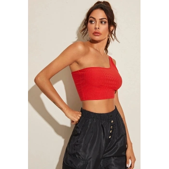 VipMarketim Kadın Kırmızı Tek Omuz Crop Büstiyer