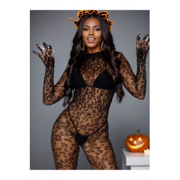 VipMarketim Kadın Özel Bölgesi Açık Siyah Leopar Fantazi Vücut Çorabı