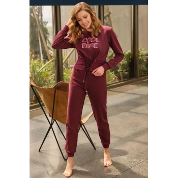 VipMarketim Kadın Pamuklu Göğüs İşlemeli Bel Detaylı Uzun Kollu Sweatshirt Ve Pantolon Pijama Takım ( ) (Kod:9752)