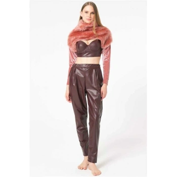 Vipmarketim Kadın Polar Kumaş Bolero Deri Görünümlü Balenli Destekli Dolgulu Askıları Çıkabilen Büstiyer Sütyen Ve Yandan Cepli Pantolon Pijama 3lü Takım ( ) (kod:9761)