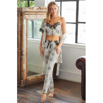 Vipmarketim Kadın Puantiyeli Dantelli Sabahlık Balenli Destekli Dolgulu Askıları Çıkabilen Büstiyer Sütyen Ve Pantolon Pijama 3lü Takım ( ) (kod:4786)