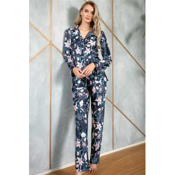 Vipmarketim Kadın Saten Çiçek Baskılı Düğmeli Uzun Kol Gömlek Ve Pantolon Pijama Takım ( ) (kod:9723)