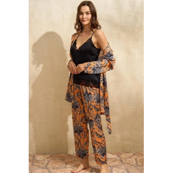 VipMarketim Kadın Saten Çiçek Baskılı Sabahlık Dantelli Atlet Ve Pantolon Pijama 3lü Takım (5621)