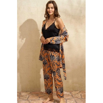 Vipmarketim Kadın Saten Çiçek Baskılı Sabahlık Dantelli Atlet Ve Pantolon Pijama 3lü Takım ( ) (kod:5621)