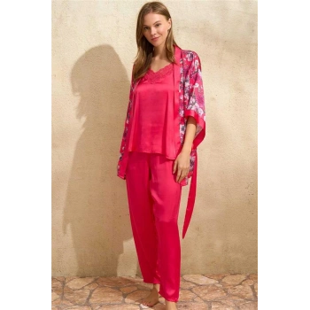 Vipmarketim Kadın Saten Çiçek Baskılı Sabahlık Dantelli Atlet Ve Pantolon Pijama 3lü Takım ( ) (kod:5645)