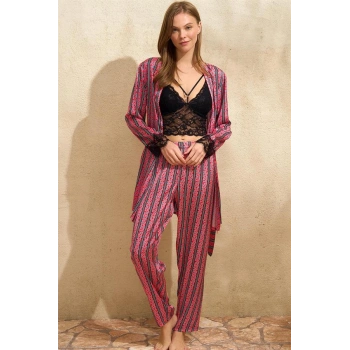 VipMarketim Kadın Saten Çizgili Dantelli Sabahlık Balensiz Desteksiz Dolgusuz Yaka Detaylı Bralet Sütyen Ve Pantolon Pijama 3lü Takım (5644)