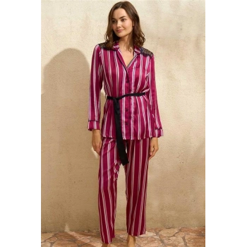 Vipmarketim Kadın Saten Çizgili Düğmeli Uzun Kol Dantelli Gömlek Ve Pantolon Pijama Takım ( ) (kod:9765)