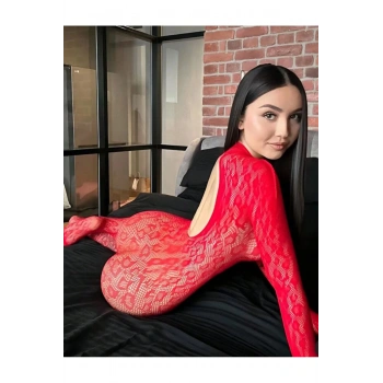 VipMarketim Kadın Seksi Leopar Desenli Transparan File Tulum Uzun Kollu Eldivenli Büyük Beden Vücut Çorabı