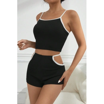 VipMarketim Kadın Siyah Beyaz Şortlu Cut-Out Detaylı Gecelik Takımı