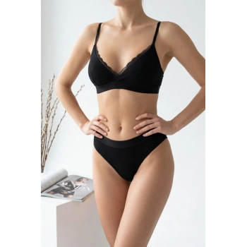 VipMarketim Kadın Siyah Fitilli Dantelli Bralet Takımı