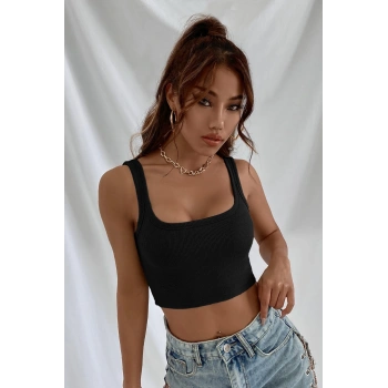 VipMarketim Kadın Siyah Kalın Askılı Crop Top Büstiyer