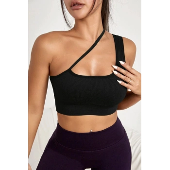 VipMarketim Kadın Siyah Tek Omuzlu Çapraz Askılı Crop Top Büstiyer