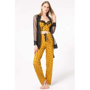 VipMarketim Kadın Tül Dantelli Sabahlık Balenli Destekli Dolgulu Puantiyeli Büstiyer Sütyen Ve Pantolon Pijama 3Lü Takım ( ) (Kod:5667)