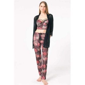 VipMarketim Kadın Tül Dantelli Sabahlık Balenli Destekli Dolgulu Yaka Detaylı Çiçek Baskılı Kadife Büstiyer Sütyen Ve Pantolon Pijama 3Lü Takım ( ) (Kod:5683)
