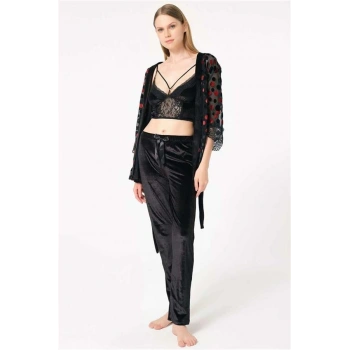 VipMarketim Kadın Tül Puantiyeli Sabahlık Balensiz Desteksiz Dolgusuz Yaka Detaylı Kadife Dantelli Bralet Sütyen Ve Pantolon Pijama 3Lü Takım ( ) (Kod:5687)