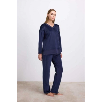 VipMarketim Kadın Uzun Kollu Sweatshirt Ve Pantolon Pijama Takımı Konforlu Uyku & Ev Giyimi (Kod:11573)