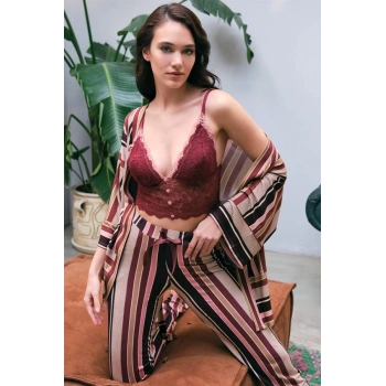 VipMarketim Kadın Viskon Çizgili Sabahlık Balensiz Desteksiz Dolgusuz Dantelli Bralet Sütyen Ve Pantolon Pijama 3lü Takım (5660)