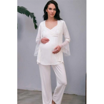 Vipmarketim Kadın Viskon Hamile Lohusa Dantelli Sabahlık Önden Açılan Emzirme T-shirt Ve Pantolon Pijama 3lü Takım ( ) (kod:5648)