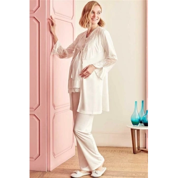 VipMarketim Kadın Viskon Hamile Lohusa Dantelli Sabahlık Önden Açılan Emzirme T-Shirt Ve Pantolon Pijama 3Lü Takım ( ) (Kod:5511)