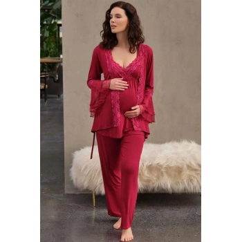 VipMarketim Kadın Viskon Hamile Lohusa Dantelli Sabahlık Önden Açılan Emzirme T-shirt Ve Pantolon Pijama 3lü Takım (5648)