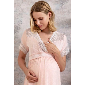 Vipmarketim Kadın Viskon Hamile Lohusa Dantelli Sabahlık Ve Önden Açılan Emzirme Uzun Gecelik Elbise Takım ( ) (kod:5508)