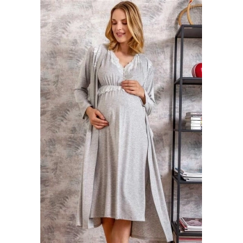 Vipmarketim Kadın Viskon Hamile Lohusa Dantelli Sabahlık Ve Önden Açılan Emzirme Uzun Gecelik Elbise Takım ( ) (kod:5546)