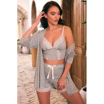 VipMarketim Kadın Viskon Puantiyeli Sabahlık Balensiz Desteksiz Dolgusuz Dantelli Bralet Sütyen Ve Şort 3Lü Takım ( ) (Kod:5606)