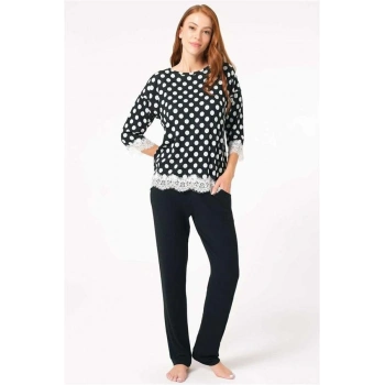 Vipmarketim Kadın Viskon Puantiyeli Uzun Kol Dantelli Sweatshirt Ve Pantolon Pijama Takım ( ) (kod:9760)