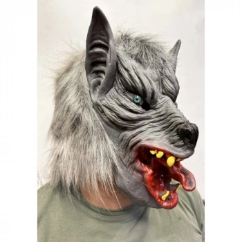 VipMarketim Kafaya Tam Geçmeli Lateks Dil Çıkaran Mavi Gözlü Kurt Maskesi