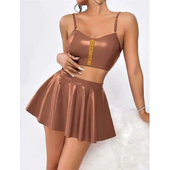 VipMarketim  Kahverengi Etekli Fantezi Deri Şık Elbise